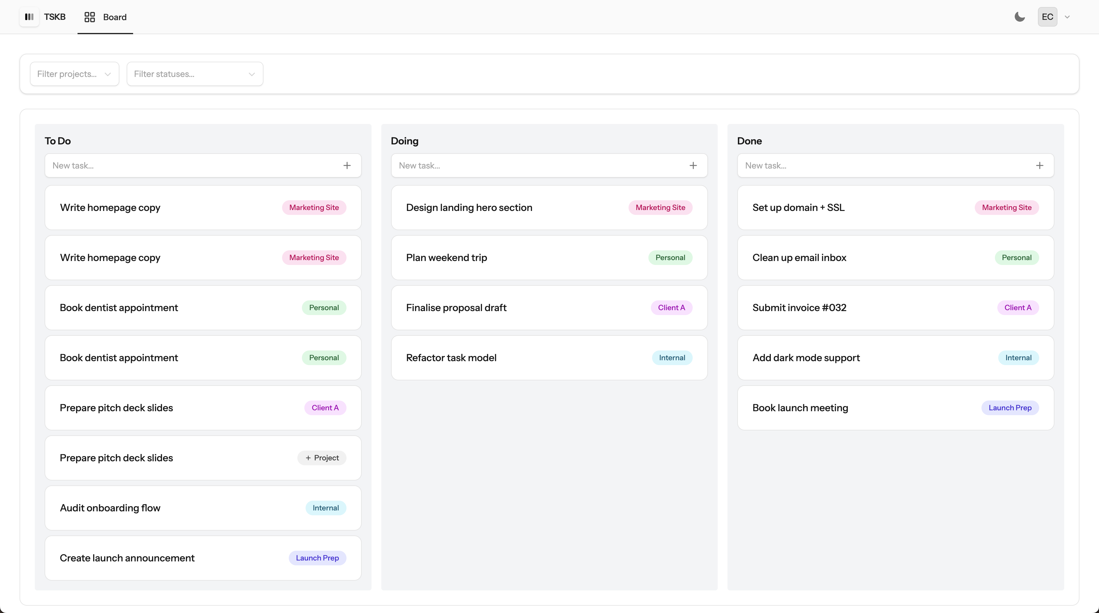 TSKB - Minimal Kanban Task Manager Interface showing three columns: To Do, Doing, and Done with drag and drop functionality